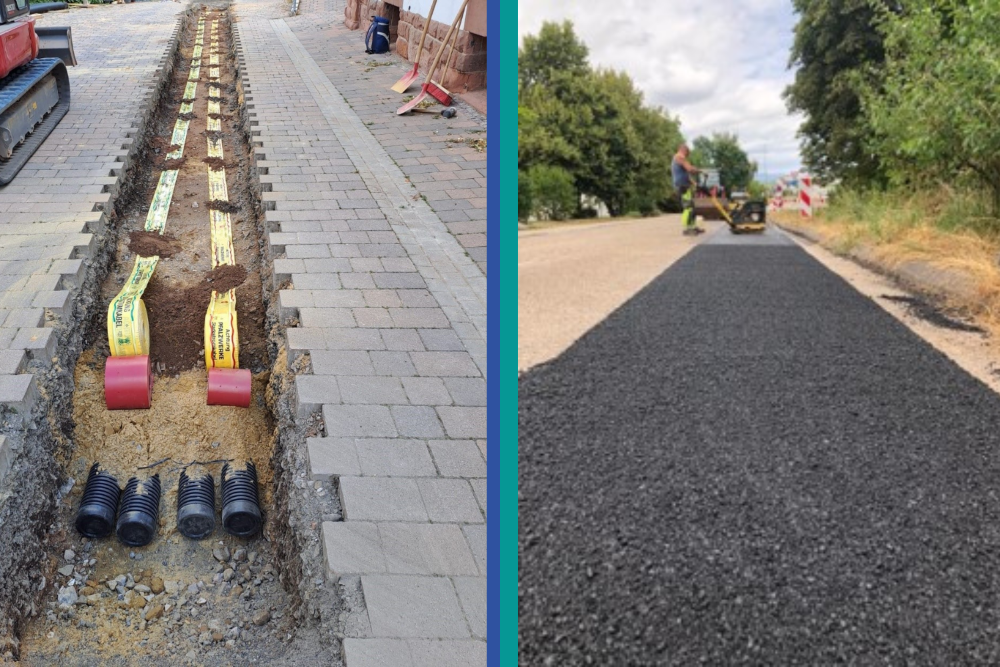 Tiefbau, Straßenbau Versorgungsgraben wird wieder gepflastert und gerüttelt