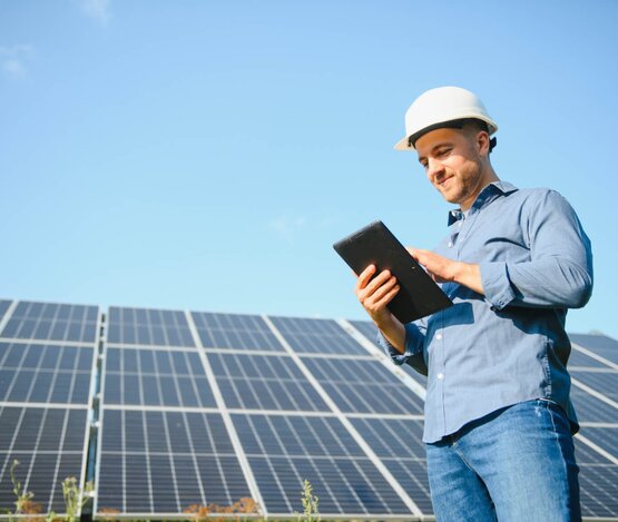 Mann steht vor Photovoltaik-Anlage
