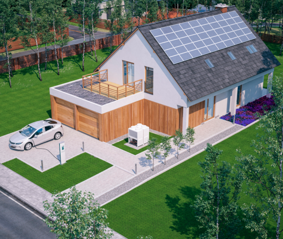 Einfamilienhaus mit Solaranlage, Wallbox und Wärmepumpe | © iStock/Sven Loeffler