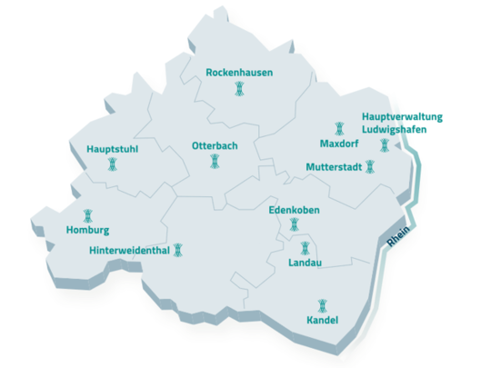 Karte des Pfalzwerke Netzgebiets mit allen lokalen Teams | © Pfalzwerke Netz