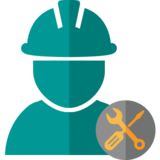 Mensch-Symbol mit Bauarbeiterhelm und Werkzeug