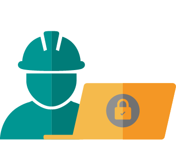 Mensch mit Helm sitzt vor einem Laptop, auf dem ein verschlüsseltes Symbol abgebildet ist