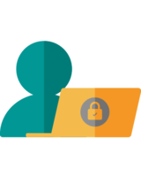 Icon Kundenportal Mensch sitzt vor einem Laptop, auf dem ein verschlüsseltes Symbol abgebildet ist