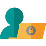 Icon Kundenportal Mensch sitzt vor einem Laptop, auf dem ein verschlüsseltes Symbol abgebildet ist