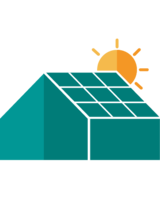 Haus mit Photovoltaik-Anlage auf dem Dach und eine Sonne im Hintergrund